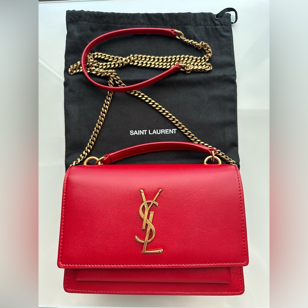 Saint Laurent Red Calfskin Medium Monogram Sunset Satchel Rouge crossbody